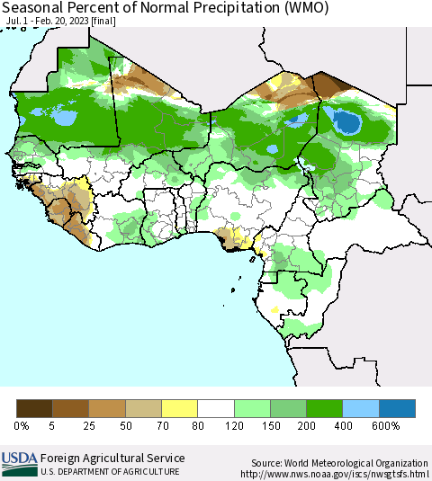 Western Africa Seasonal Percent of Normal Precipitation (WMO) Thematic Map For 7/1/2022 - 2/20/2023