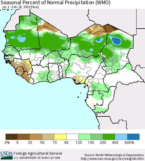 Western Africa Seasonal Percent of Normal Precipitation (WMO) Thematic Map For 7/1/2022 - 2/28/2023