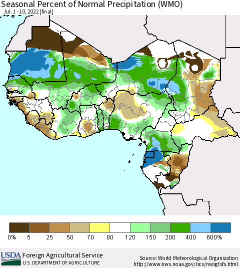 Western Africa Seasonal Percent of Normal Precipitation (WMO) Thematic Map For 7/1/2022 - 7/10/2022