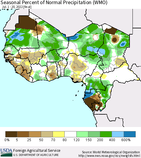 Western Africa Seasonal Percent of Normal Precipitation (WMO) Thematic Map For 7/1/2022 - 7/20/2022