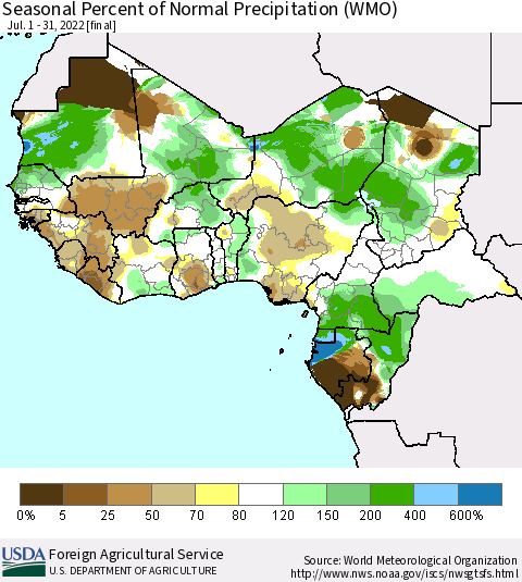 Western Africa Seasonal Percent of Normal Precipitation (WMO) Thematic Map For 7/1/2022 - 7/31/2022