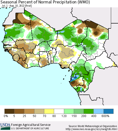 Western Africa Seasonal Percent of Normal Precipitation (WMO) Thematic Map For 7/1/2022 - 8/10/2022