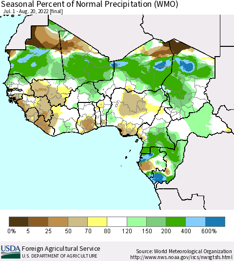 Western Africa Seasonal Percent of Normal Precipitation (WMO) Thematic Map For 7/1/2022 - 8/20/2022