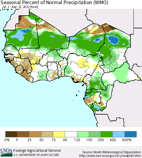 Western Africa Seasonal Percent of Normal Precipitation (WMO) Thematic Map For 7/1/2022 - 8/31/2022