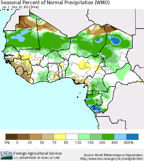 Western Africa Seasonal Percent of Normal Precipitation (WMO) Thematic Map For 7/1/2022 - 9/10/2022