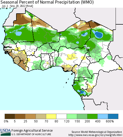 Western Africa Seasonal Percent of Normal Precipitation (WMO) Thematic Map For 7/1/2022 - 9/20/2022
