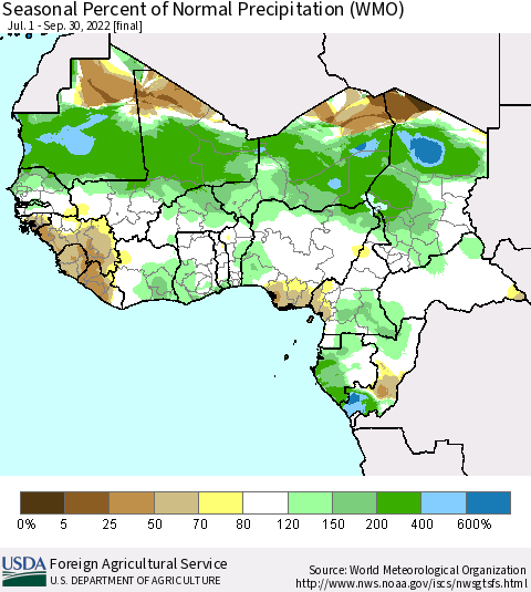 Western Africa Seasonal Percent of Normal Precipitation (WMO) Thematic Map For 7/1/2022 - 9/30/2022