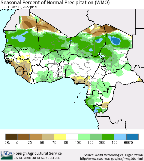 Western Africa Seasonal Percent of Normal Precipitation (WMO) Thematic Map For 7/1/2022 - 10/10/2022