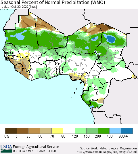Western Africa Seasonal Percent of Normal Precipitation (WMO) Thematic Map For 7/1/2022 - 10/20/2022