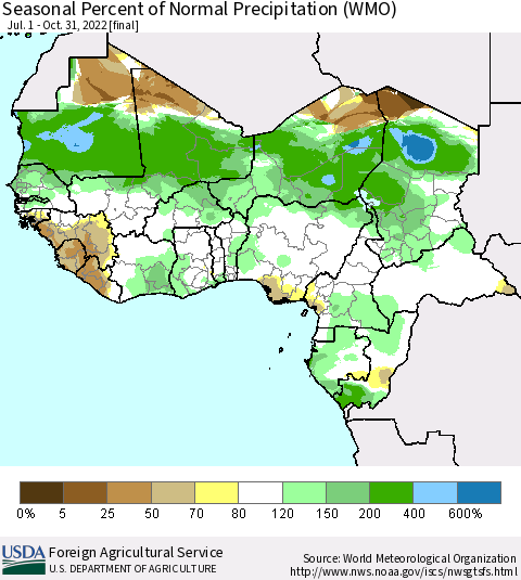Western Africa Seasonal Percent of Normal Precipitation (WMO) Thematic Map For 7/1/2022 - 10/31/2022
