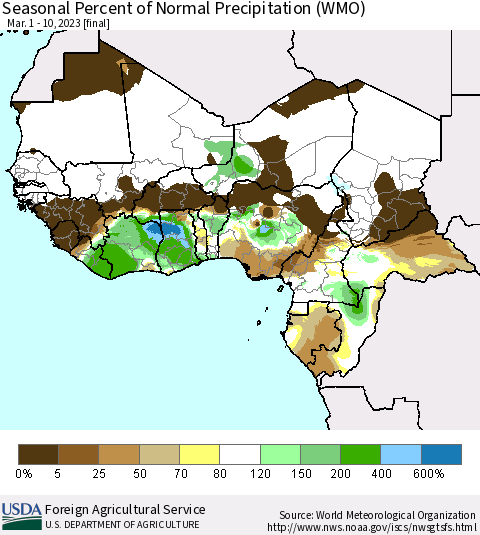 Western Africa Seasonal Percent of Normal Precipitation (WMO) Thematic Map For 3/1/2023 - 3/10/2023
