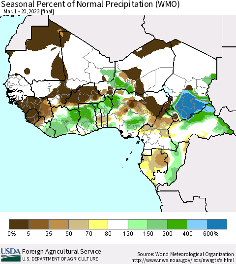 Western Africa Seasonal Percent of Normal Precipitation (WMO) Thematic Map For 3/1/2023 - 3/20/2023