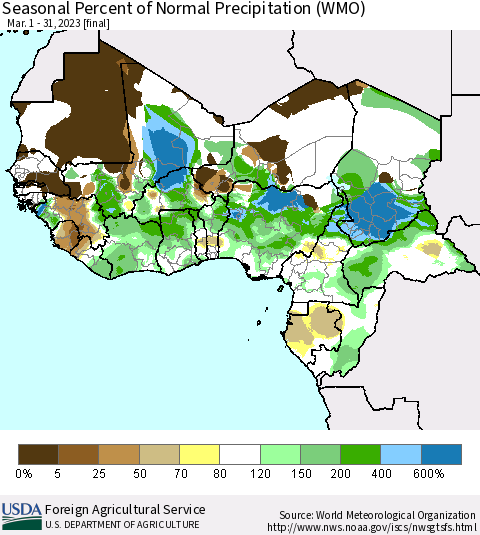 Western Africa Seasonal Percent of Normal Precipitation (WMO) Thematic Map For 3/1/2023 - 3/31/2023
