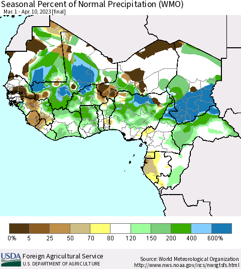 Western Africa Seasonal Percent of Normal Precipitation (WMO) Thematic Map For 3/1/2023 - 4/10/2023