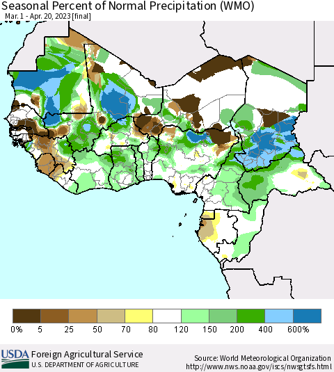 Western Africa Seasonal Percent of Normal Precipitation (WMO) Thematic Map For 3/1/2023 - 4/20/2023