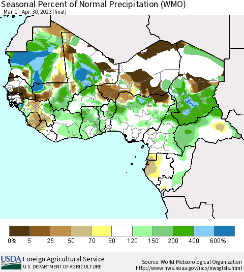 Western Africa Seasonal Percent of Normal Precipitation (WMO) Thematic Map For 3/1/2023 - 4/30/2023