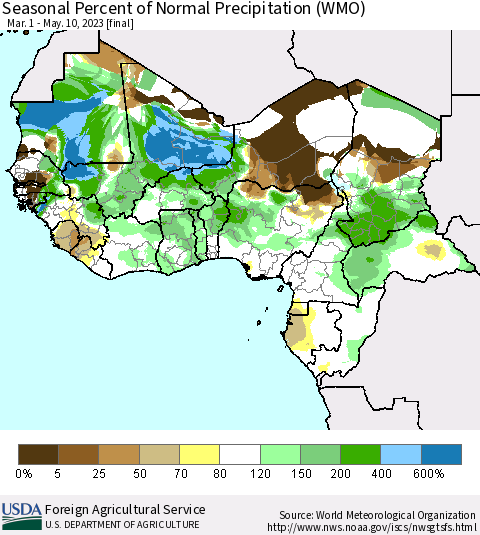 Western Africa Seasonal Percent of Normal Precipitation (WMO) Thematic Map For 3/1/2023 - 5/10/2023