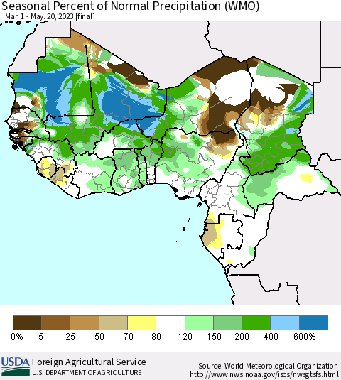 Western Africa Seasonal Percent of Normal Precipitation (WMO) Thematic Map For 3/1/2023 - 5/20/2023