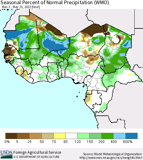 Western Africa Seasonal Percent of Normal Precipitation (WMO) Thematic Map For 3/1/2023 - 5/31/2023