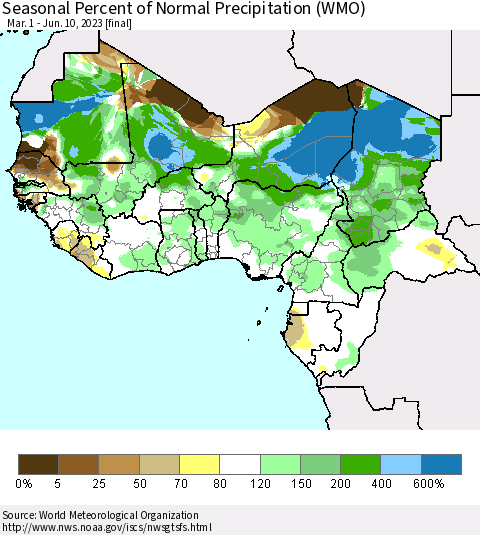Western Africa Seasonal Percent of Normal Precipitation (WMO) Thematic Map For 3/1/2023 - 6/10/2023