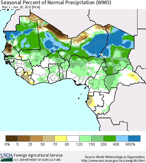 Western Africa Seasonal Percent of Normal Precipitation (WMO) Thematic Map For 3/1/2023 - 6/20/2023