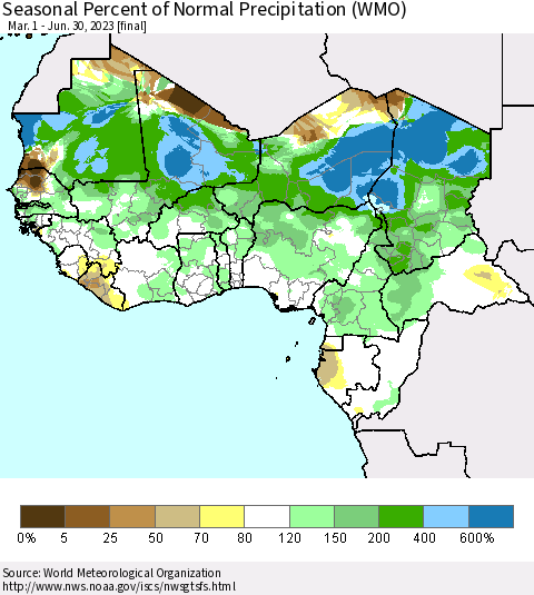 Western Africa Seasonal Percent of Normal Precipitation (WMO) Thematic Map For 3/1/2023 - 6/30/2023