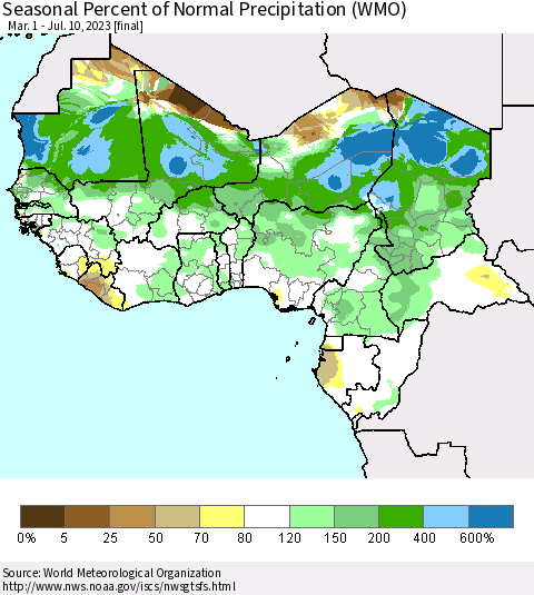 Western Africa Seasonal Percent of Normal Precipitation (WMO) Thematic Map For 3/1/2023 - 7/10/2023