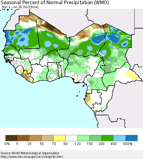 Western Africa Seasonal Percent of Normal Precipitation (WMO) Thematic Map For 3/1/2023 - 7/20/2023