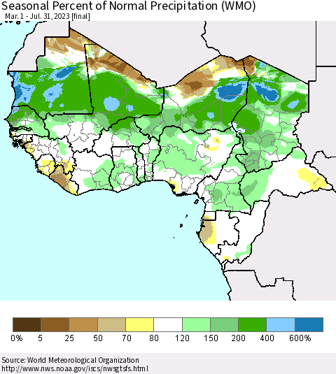 Western Africa Seasonal Percent of Normal Precipitation (WMO) Thematic Map For 3/1/2023 - 7/31/2023