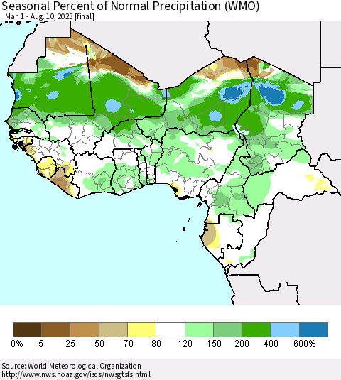 Western Africa Seasonal Percent of Normal Precipitation (WMO) Thematic Map For 3/1/2023 - 8/10/2023