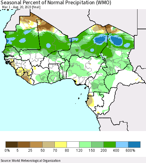 Western Africa Seasonal Percent of Normal Precipitation (WMO) Thematic Map For 3/1/2023 - 8/20/2023
