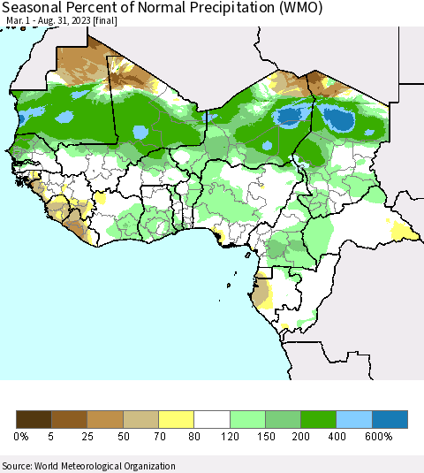 Western Africa Seasonal Percent of Normal Precipitation (WMO) Thematic Map For 3/1/2023 - 8/31/2023