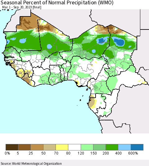 Western Africa Seasonal Percent of Normal Precipitation (WMO) Thematic Map For 3/1/2023 - 9/20/2023