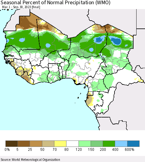 Western Africa Seasonal Percent of Normal Precipitation (WMO) Thematic Map For 3/1/2023 - 9/30/2023