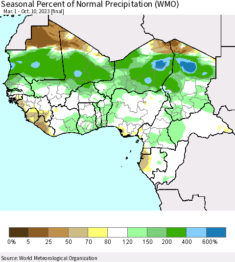 Western Africa Seasonal Percent of Normal Precipitation (WMO) Thematic Map For 3/1/2023 - 10/10/2023