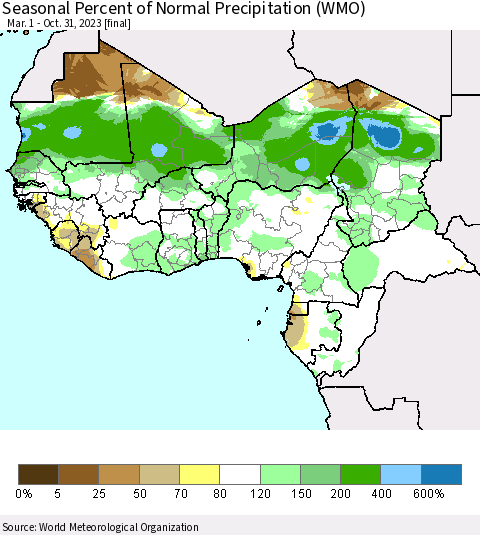 Western Africa Seasonal Percent of Normal Precipitation (WMO) Thematic Map For 3/1/2023 - 10/31/2023