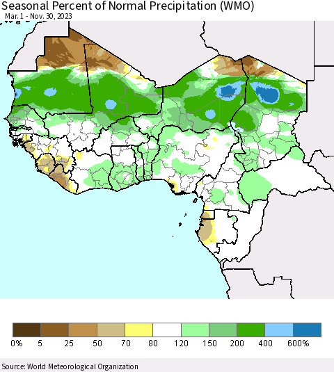 Western Africa Seasonal Percent of Normal Precipitation (WMO) Thematic Map For 3/1/2023 - 11/30/2023