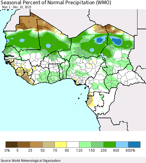 Western Africa Seasonal Percent of Normal Precipitation (WMO) Thematic Map For 3/1/2023 - 12/10/2023