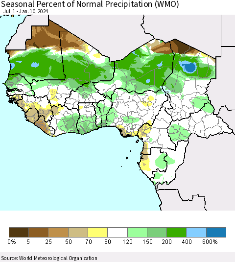Western Africa Seasonal Percent of Normal Precipitation (WMO) Thematic Map For 7/1/2023 - 1/10/2024