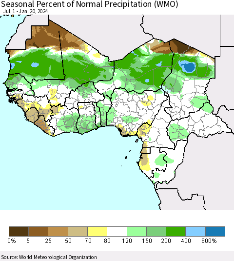 Western Africa Seasonal Percent of Normal Precipitation (WMO) Thematic Map For 7/1/2023 - 1/20/2024