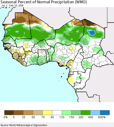 Western Africa Seasonal Percent of Normal Precipitation (WMO) Thematic Map For 7/1/2023 - 2/10/2024
