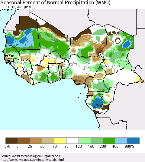Western Africa Seasonal Percent of Normal Precipitation (WMO) Thematic Map For 7/1/2023 - 7/10/2023