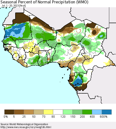 Western Africa Seasonal Percent of Normal Precipitation (WMO) Thematic Map For 7/1/2023 - 7/20/2023