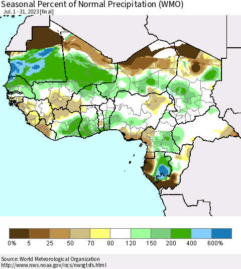 Western Africa Seasonal Percent of Normal Precipitation (WMO) Thematic Map For 7/1/2023 - 7/31/2023