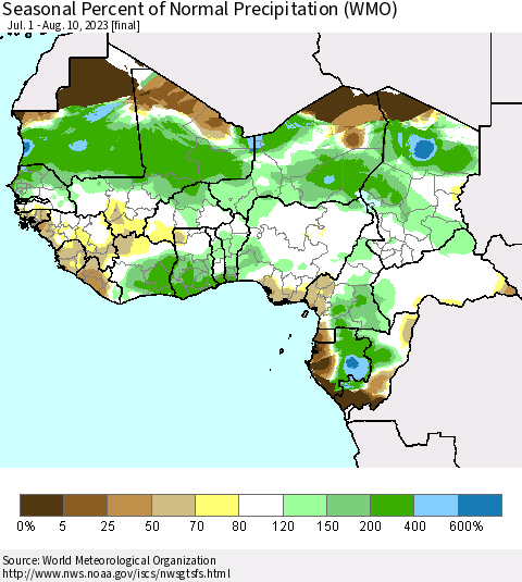 Western Africa Seasonal Percent of Normal Precipitation (WMO) Thematic Map For 7/1/2023 - 8/10/2023