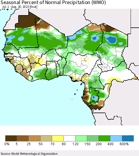 Western Africa Seasonal Percent of Normal Precipitation (WMO) Thematic Map For 7/1/2023 - 8/20/2023
