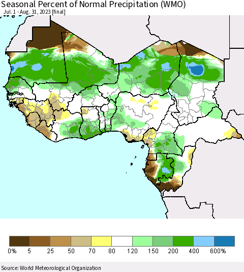 Western Africa Seasonal Percent of Normal Precipitation (WMO) Thematic Map For 7/1/2023 - 8/31/2023