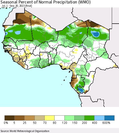 Western Africa Seasonal Percent of Normal Precipitation (WMO) Thematic Map For 7/1/2023 - 9/20/2023