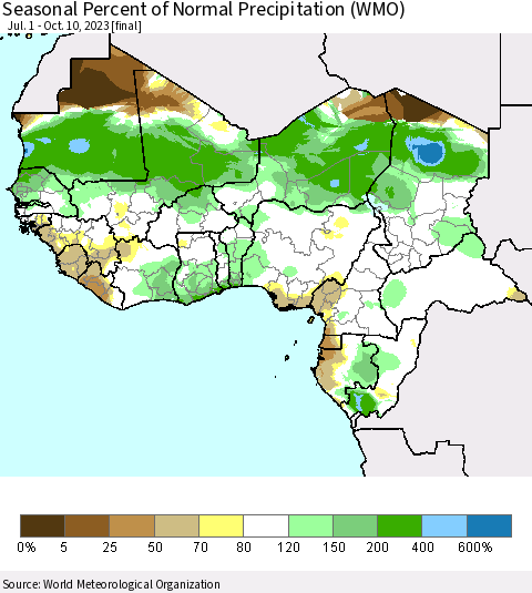 Western Africa Seasonal Percent of Normal Precipitation (WMO) Thematic Map For 7/1/2023 - 10/10/2023