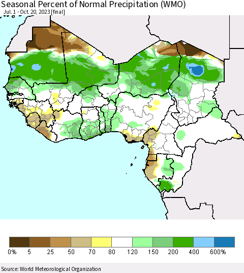 Western Africa Seasonal Percent of Normal Precipitation (WMO) Thematic Map For 7/1/2023 - 10/20/2023